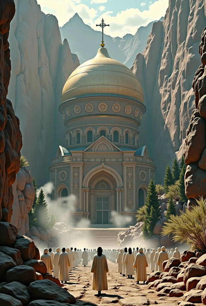 there is a large Ethiopian Orthodox Church building with hemispherical Dom that is built into the side of a mountain, intricate matte painting, matte painting of human mind, digital matte painting, ancient yet futuristic, elaborate matte painting, hyperdetailed 3d matte painting, hyperdetailed 3 d matte painting, extravagant matte painting, epic matte painting, epic cinematic matte painting, matte painting concept art, giant tomb structures,smoke, tree, white cloth wearing people circling the church