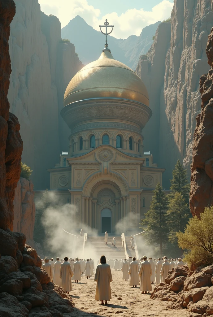 there is a large Ethiopian Orthodox Church building with hemispherical Dom that is built into the side of a mountain, intricate matte painting, matte painting of human mind, digital matte painting, ancient yet futuristic, elaborate matte painting, hyperdetailed 3d matte painting, hyperdetailed 3 d matte painting, extravagant matte painting, epic matte painting, epic cinematic matte painting, matte painting concept art, giant tomb structures,smoke, tree, white cloth wearing people circling the church