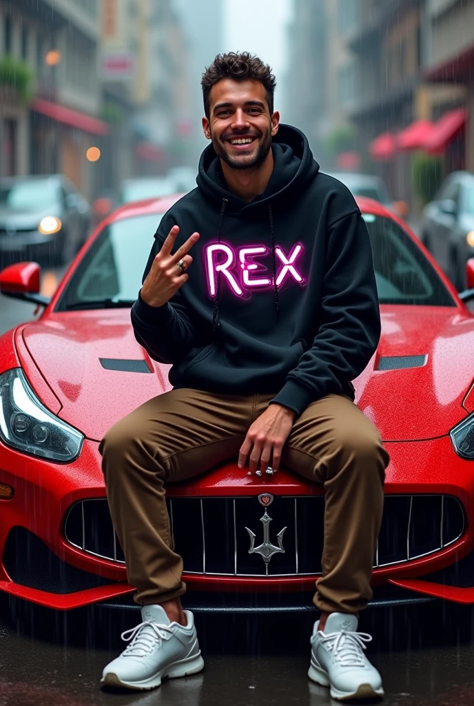 real full body photography image of handsome man,smiling wearing black hoodie with brown cargo pants and white rubber shoes,her fingers singn of peace, the hoodie has own names written" rex " made of cristal neon black is written in the jacket,sitting out on the red luxury full body car with raining 300dpi, 100fps, UHD, HDR, high real image k hd