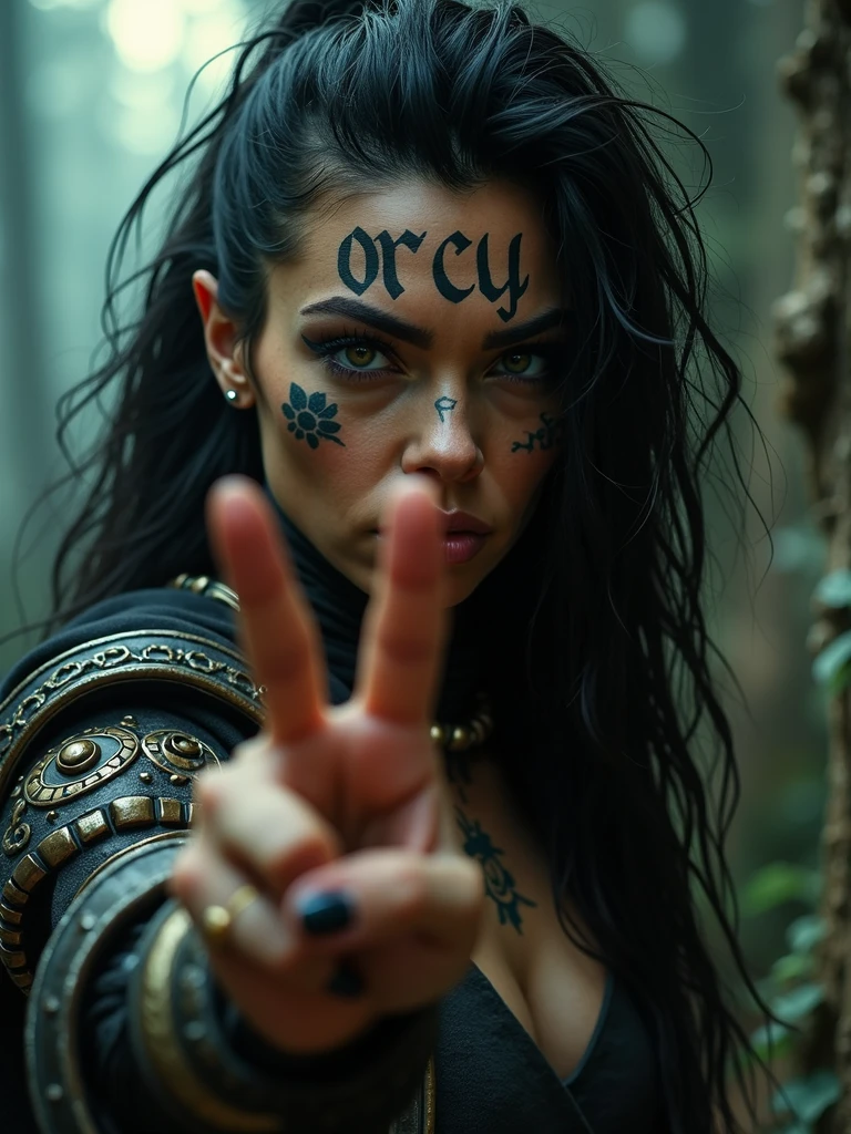 cinematic portrait of a beautiful orc girl, tattoo on her left cheek saying "orcy", holding up peace hand sign