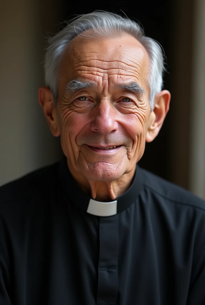 AGE: Around 70 to 80 years old.
face: oval, with a serene and kind expression. She has fair skin that shows signs of aging., like soft wrinkles around the eyes. His face reflects wisdom and compassion.
hair: Gray-haired and thin, with some bald spots visible on top. His hair is short and combed back., in an orderly manner.
eyes: Small and deep, with a calm gaze.
eyebrows: Gray and thin, slightly arched.
nose: Straight and medium sized, well proportioned with the rest of her face.
boca: Thin-lipped, with a kind and reassuring smile. The lips show some lines that indicate their experience and age..
voice: Facial expression should convey warmth and serenity.
outfit: He wears a black cassock, traditional of the priests, with a visible white collar. The cassock is simple and unadorned., reflecting his humility and dedication.
bottom: A neutral or slightly blurred background that suggests a church setting or a community-related scene, like a humble neighborhood, to contextualize their social work.