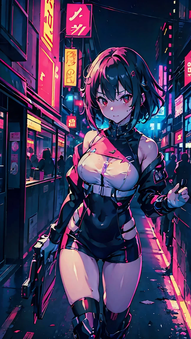 Rina Shinomiya、cyberpunk neon night city, smooth light, Belautiful, Depth of field, 8k, highy detailed, high qualiy, Mayor&#39;s body, muscular woman, highy detailed face, shredded abdomen, biker shorts, half-open jacket, black cowl, Glasses on the neck, high thigh, knee high boots, long sleeves,  , large red eyes, dynamic, short green hair, sexly,  breasts small, gesugao,  , eerie glowing red eyes,   burlas, leaning forward, view from the bottom, view from the bottom para cima, sweaty, sweating, sweat, humida, lingerie white, Bela, pale white skin,  view from the bottom, view from the bottom para cima, looking ahead at viewer, work of art, high detailed 8k, full body shot shot, Broad Hips, thick-thighs, thick calves, muscular female, Waist slender, Fine body, breasts small, , shredded abdomen, Fitness, muscular female