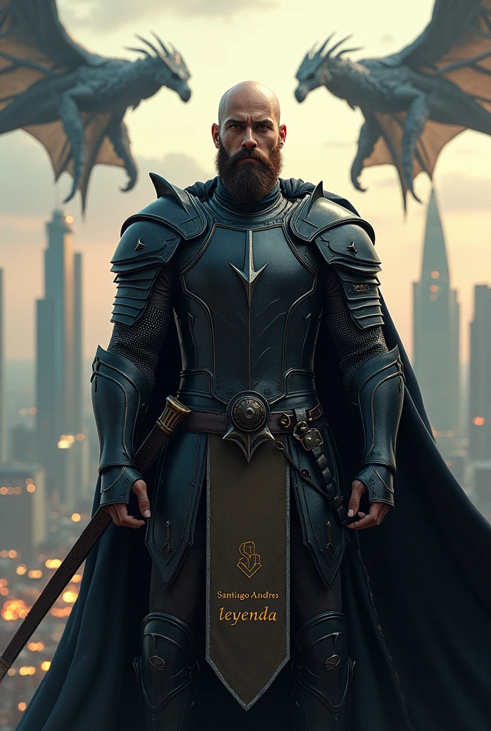 Bald young man with a brown beard, black armor with a flag that shows the following, as is: "Santiago Andrés, Leyenda!" In the background a futuristic city with dragons