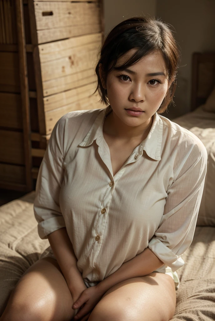 1girl, beautiful detailed female vietcong woman, young, vietnam, southeast asia, southeast asian face, voluptuous, curvaceous, short, thicc, thick thighs, natural, natural lashes, no makeup, glistening sweat, teenager, ulzzang, cute face, thin face, skinny face, thin cheeks, tsundere, annoyed face, angry face, furrowed brows, frowning, tiny nose, thin nose, slanted eyes, traditional clothing, shirt collar, buttoned clothes, arafed woman, vietnamese farmer, vietnam harvest, vietnam rural travel, vietnamese woman, traditional vietnam, rural vietnam, in bed, makeshift bed, fields, impoverished, disheveled, farmer, farming, messy thick luscious hair, tied short hair, short hair, traditional hairstyle, cute hairstyle, cute haircut, detailed face, penetrating eyes, beautiful detailed lips, extremely detailed skin, detailed clothing, colorful clothing, (best quality,4k,8k,highres,masterpiece:1.2),ultra-detailed,(realistic,photorealistic,photo-realistic:1.37), natural lighting, warm color tones, cinematic composition