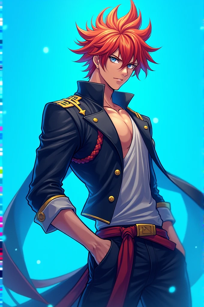 hot guy wrapped up in a jump rope, muscles, wild multicolored hair, heterochromia eyes, ringmaster suit, blushing face