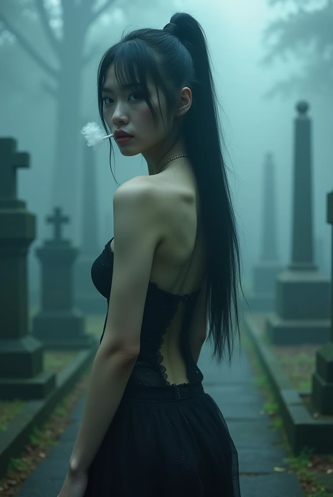 (Female ghost:1.7)、(((In the fog)))、((The body is blurred))、young woman、((Beauty))、Japanese、cute、1、((sexy))、Background Graveyard、(Beautiful back)、Beautiful shoulder blades、Look this way、(((sexyな衣装)))、soul、cigarette、(best quality,4K,8k,highres,masterpiece:1.2),ultra-detailed,(realistic,photorealistic,photo-realistic:1.37),HDR,uhd,studio lighting,ultra-fine painting,sharp focus,physically-based rendering,extreme detail description,professional,vivid colors,bokeh,cinematic lighting,dramatic shadow,