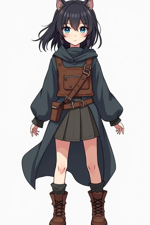 Anime girl 1 girl, black hair. blue eyes Freya wears an adventurer's outfit that mixes functionality with a touch of elegance. She wears a tight, dark brown leather blouse designed to protect her torso and provide freedom of movement. Over her blouse, she wears a reinforced leather vest, which has small metal plates embedded for greater protection on her chest and back. The lower part of the costume is a resistant, dark gray leather skirt that reaches her knees. and has a split design to allow for better mobility. The skirt is fitted with leather bands and has internal pockets for carrying small items.Freya's boots are made from robust leather, with non-slip soles and reinforcements around the ankles and heels, offering support and durability. Completing the look is a lightweight travel cover, which can be removed when needed, and a belt with multiple pouches to carry essential gear. Full body 