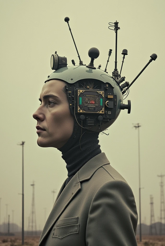 surreal composition,A person'the head becomes a complex signal receiver,Retro photo album cover,Realistic minimalist style