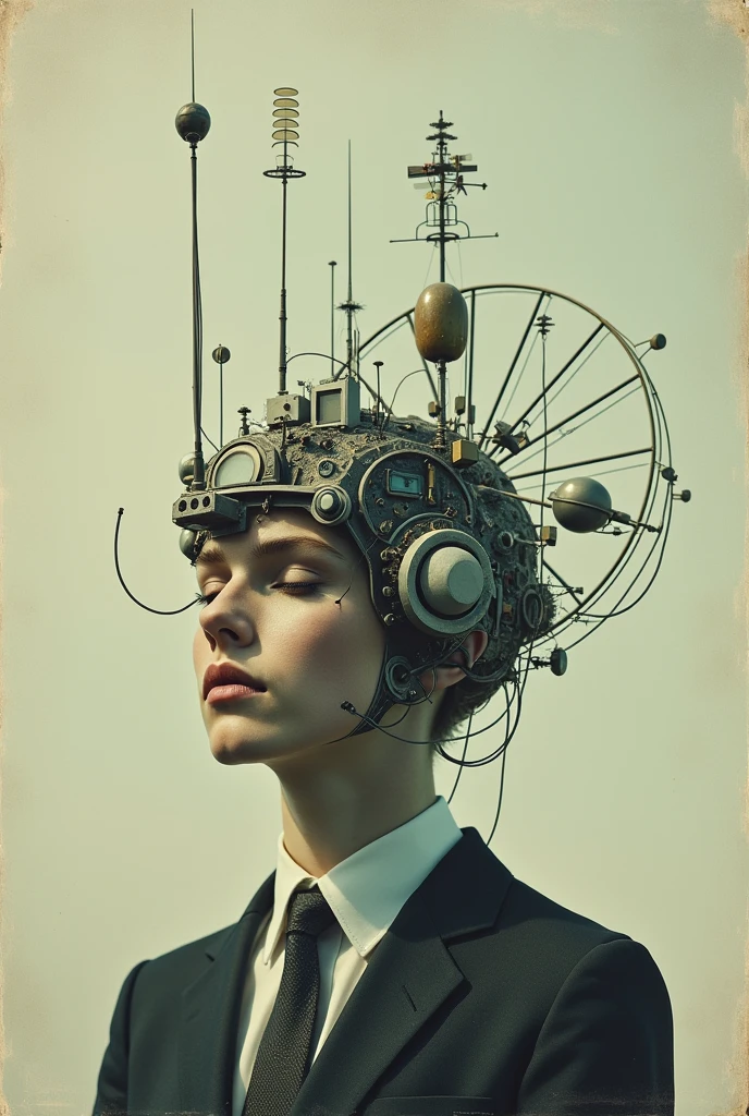 surreal composition,A person'the head becomes a complex signal receiver,Retro photo album cover,Realistic minimalist style
