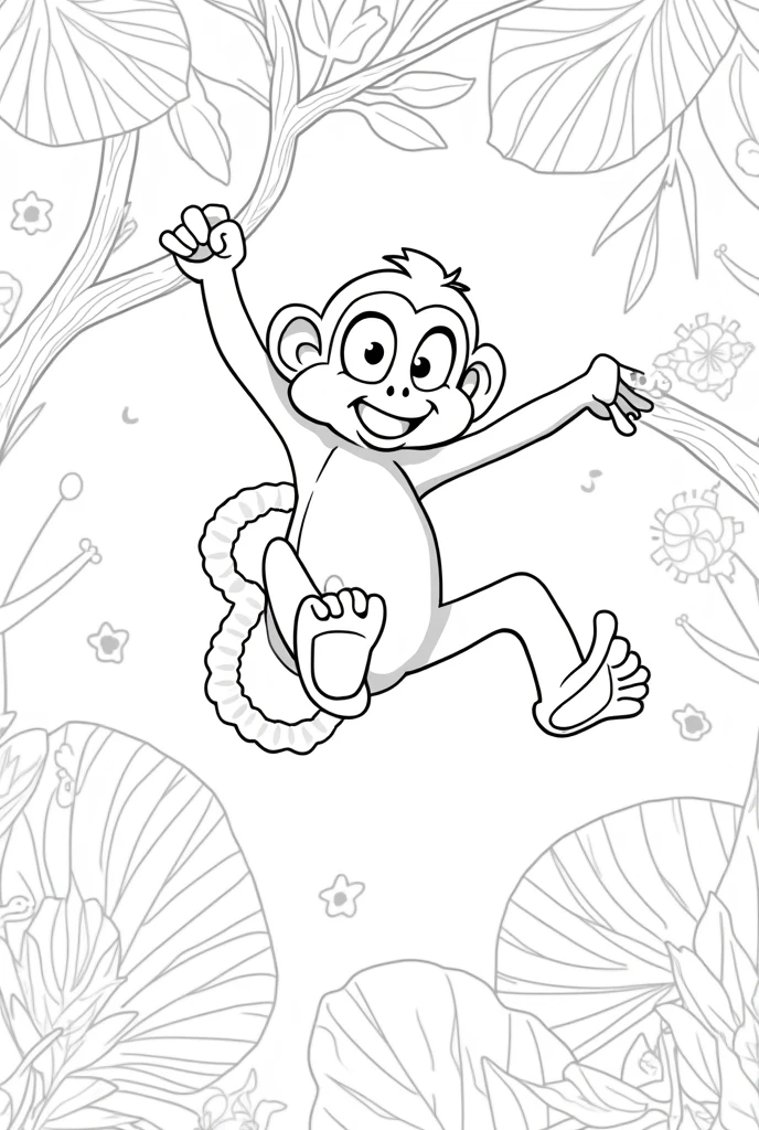 A black and white coloring book page of a monkey hanging from a branch in the jungle for kids