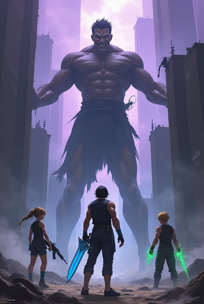 create a book cover with the following information: In the foreground, em escala reduzida. a boy with dark, straight hair is in the center of the image holding a blue-bladed sword wearing casual clothes, on her left side a woman with blond hair tied in a braid and holding a gun, on the right side a muscular blond with his hands surrounded by a kind of blue fire. above the boys, 13 abandoned tower blocks are shrouded in soft purple smoke. above the buildings a giant man with his arms wrapped around the 13 towers looks down at the 3 young men described above with an evil smile