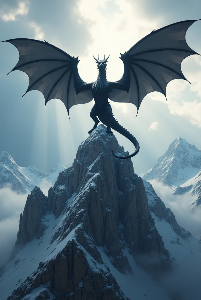 Dragao negro, on top of the mountain with open wings, with rays behind