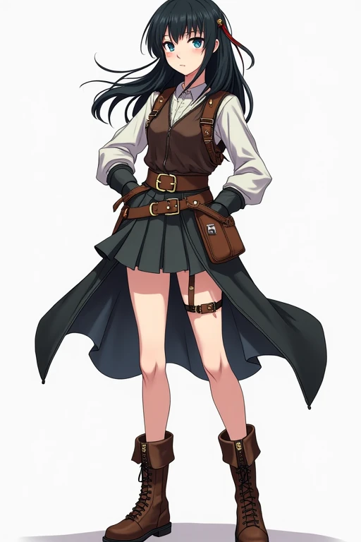 Anime girl 1 girl, black hair. blue eyes Freya wears an adventurer's outfit that mixes functionality with a touch of elegance. She wears a tight, dark brown leather blouse designed to protect her torso and provide freedom of movement. Over her blouse, she wears a reinforced leather vest, which has small metal plates embedded for greater protection on her chest and back. The lower part of the costume is a resistant, dark gray leather skirt that reaches her knees. and has a split design to allow for better mobility. The skirt is fitted with leather bands and has internal pockets for carrying small items.Freya's boots are made from robust leather, with non-slip soles and reinforcements around the ankles and heels, offering support and durability. Completing the look is a lightweight travel cover, which can be removed when needed, and a belt with multiple pouches to carry essential gear. Full body 