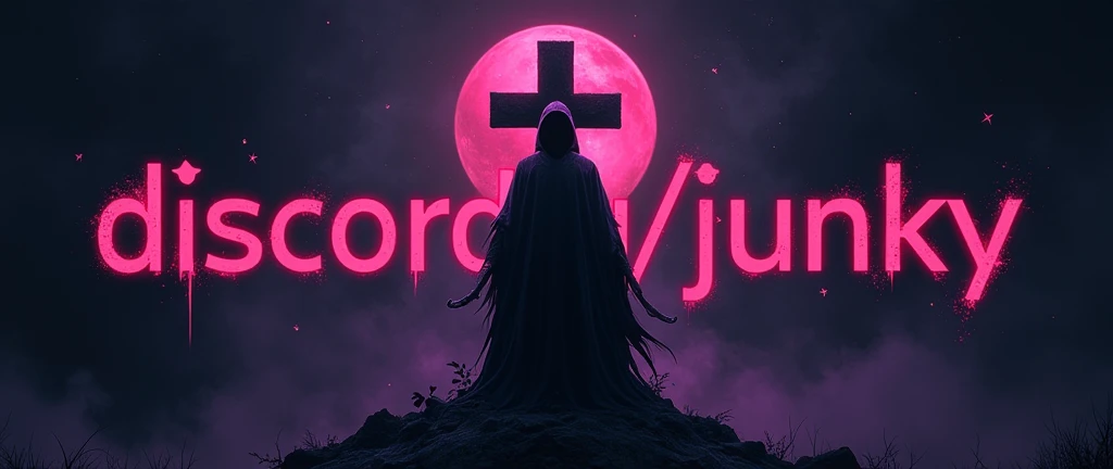 Create a gothic banner that integrates the word 'Junky'.
Que contenha cores como blackw roxo escuro neon e branco e cinza. Color that must have: blackw! Symbols: Gothic, cross or stars. that includes the phrase 'discord.gg/junky' o banner meio minimalista