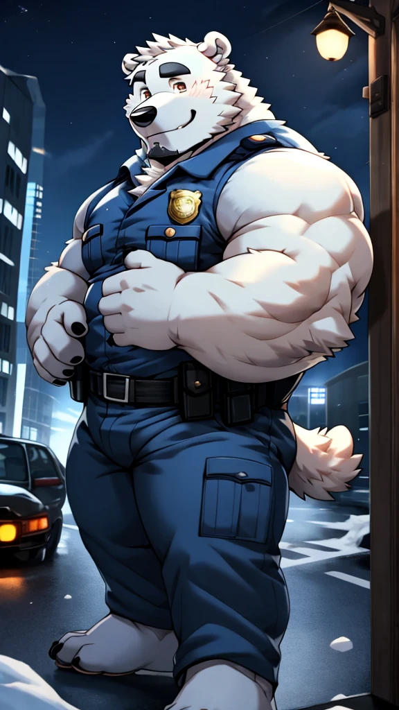 anime style, aid210, nj5furry, ((whole body)), ((police uniform)), standing, ((plump middle-aged polar bear man)), BREAK ((brown eyes)), one eye closed, beautiful beard, beautiful ears, (male face:1.3), (big face:0.5), square jawline, (Male Eyes:1.2), (sharp eyes:0.8), (big eyes:0.5), male eyebrows, (innocent look:0.5), (beautiful black nails down to the last detail:1.2), BREAK (complete Anatomy), (detailed face:1.3), beautiful face, (detailed body), (beautiful hands:1.2), (detailed fingers:1.2), (detailed eyes:1.1), (beautiful Eyes:1.1), arm details, Leg Details, beautiful feet, BREAK Muscular anthlo, body hair, ((hairy skin)), fluffy, (blood vessel:-0.8), (glowing Skin:-0.7), (chest hair:0.5), (1 tail), (a beautiful and detailed small tail), BREAK night sky, city, outdoor, ultra detailed, highest quality, ultra-high resolution, realistic, 16K, masterpiece, beautiful detailed, perfect solution, absurdists, (faint light),