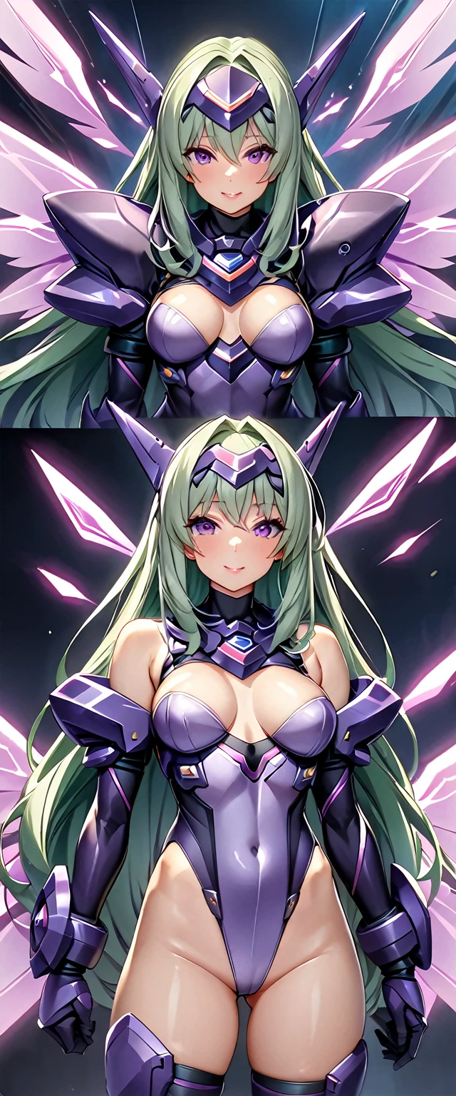 (Perfect Anatomy)、Mastepiece、Ultra High Quality、 8k、masterpiece、Highest quality、Ultra-high resolution、Maximum resolution、Very detailed、Professional Lighting、anime、woman、thin、Very beautiful face、Beautiful eyes、(Highly detailed eye)、Highly detailed face, White and purple enamel high leg leotard、Purple pattern、((Cyber Armor))、Shiny Armor、White decoration、Cyber Headgear、Exposing shoulders、Golden earrings、Green Hair、long hair、Purple Eyes、Medium breast、Pink Lips、White cloak, full body, Has mechanical wings on his back, energy wings, random pose, random facial expressions