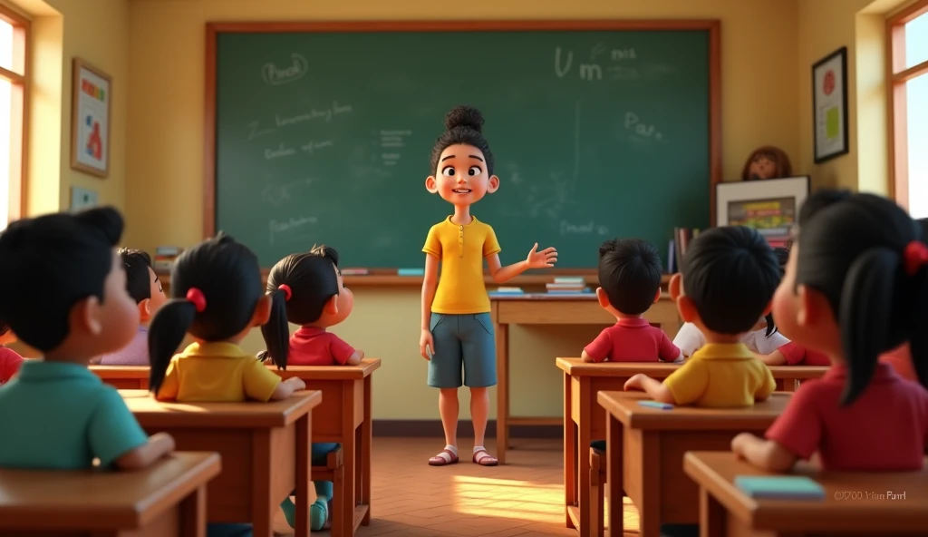 3d pixar animation style of a classroom full of chlldren of el salvador facing towards the blackboard where the teacher gives a lecture