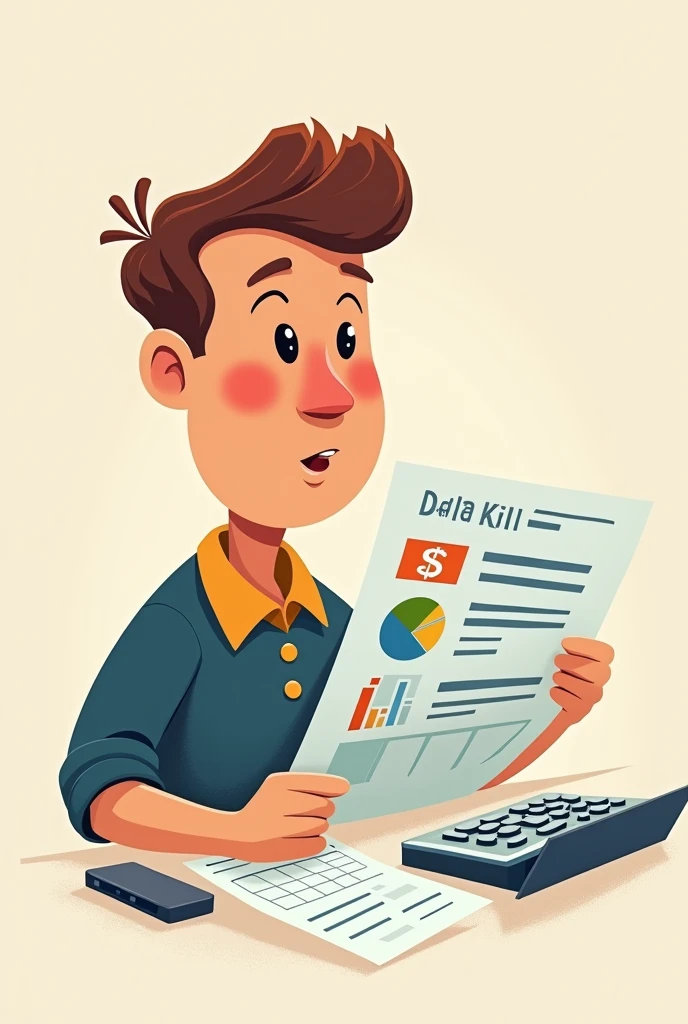 an image of a person carefully reviewing a bank statement, with graphics or highlighted numbers, and a calculator next to it.(that the drawing style is not realistic but more animated)