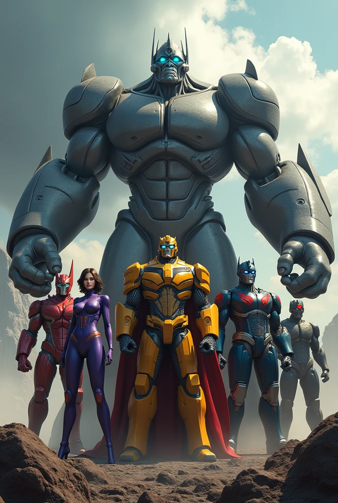 Generate an image with Omni Man with his imposing appearance, Optimus Prime in gorilla form, Captain Pátria with his defiant look, Yori with his intense presence and Escanor emanating confidence. They are gathered in an epic setting, ready for a battle or a joint mission.