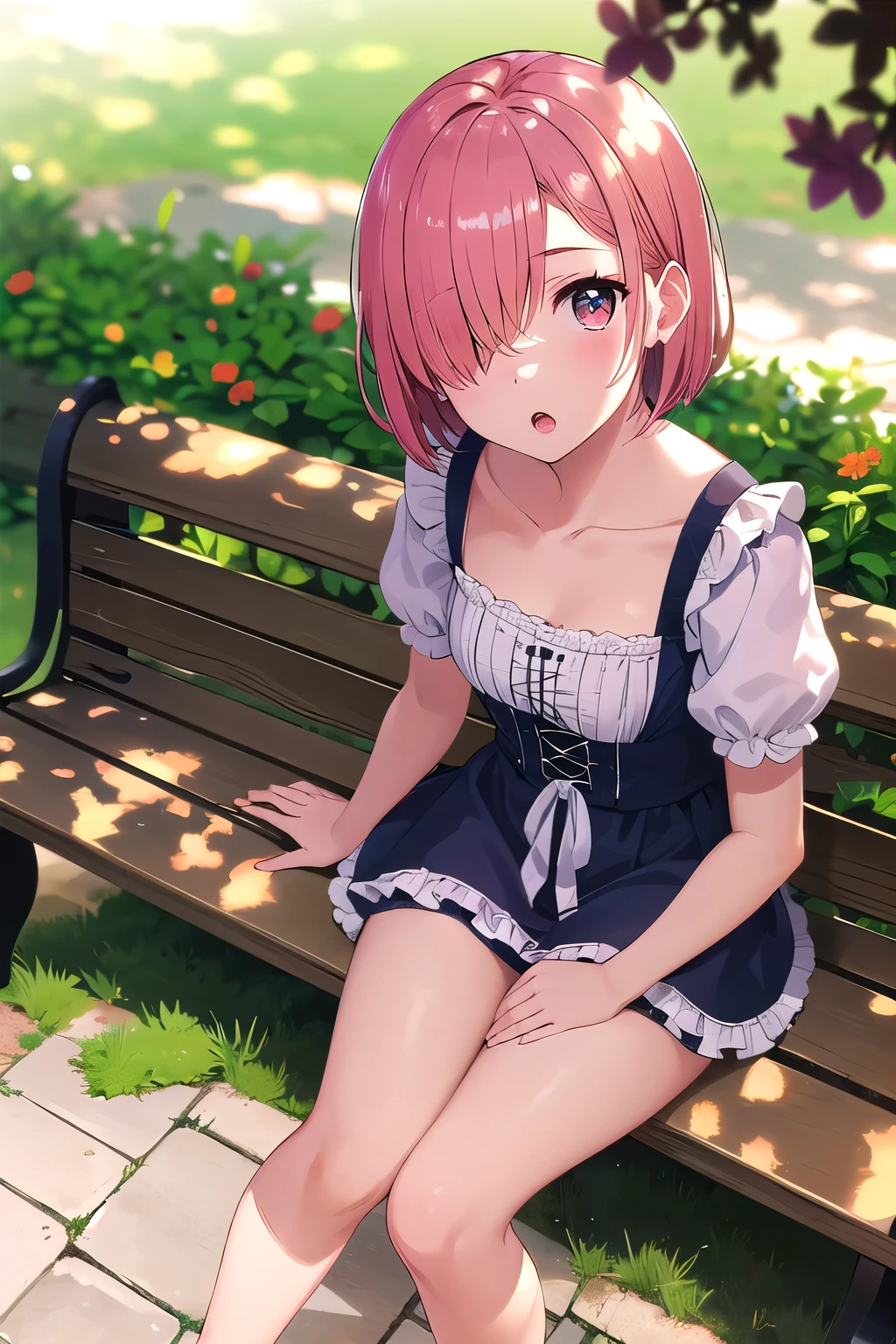 ((solo:1.2)),cute girl sitting on bench in garden,frilled dirndl,from above,looking up,cobblestone pavement,pink hair,fine bob cut,(hair over one eye),(dappled sunlight:1.2),blurry,(depth of field:1.1),head tilt,:o,(petals),tree,butterfly BRAKE