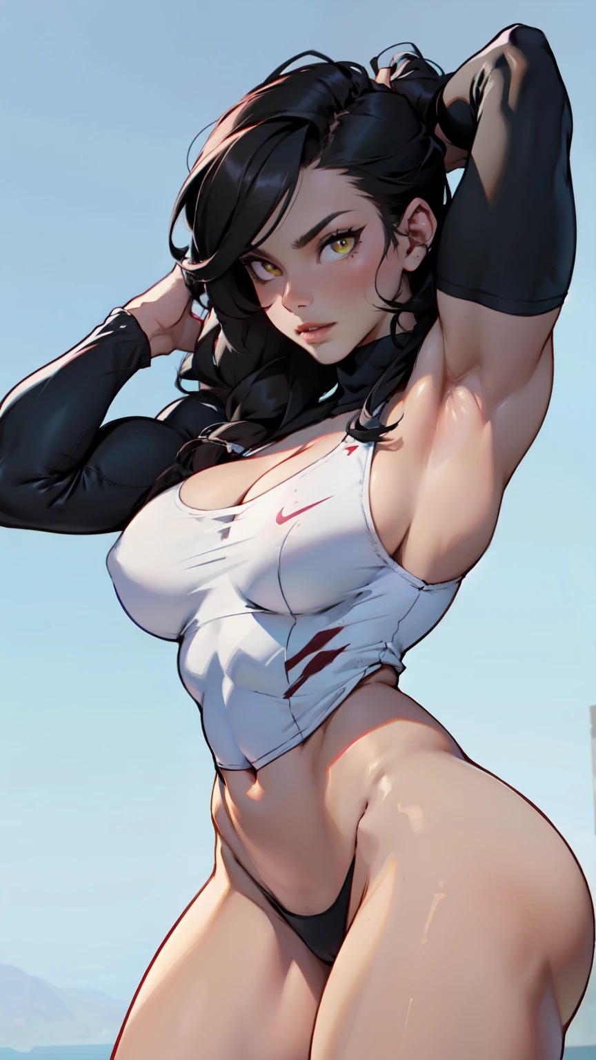 feminine breasts muscular girl black hair yellow eyes pale skin