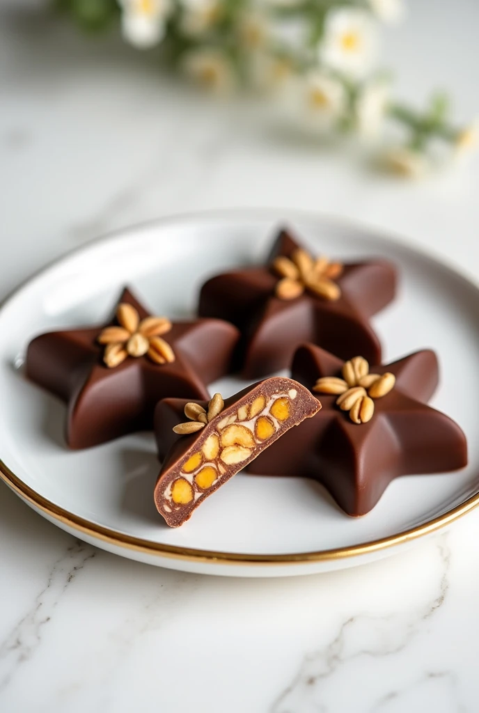 three star-shaped peanut chocotejas, that one of them is split in half so that the peanuts inside can be seen, that they are on a flat and luxurious plate and that they are on a white table