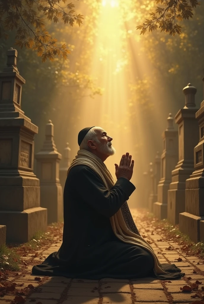 Jewish man ,prostrate on the floor , in a cemetery ,a light coming down from heaven   