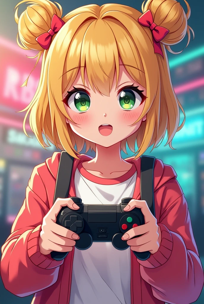 Hina Cherry Name Logo, themed around a nerdy age girl playing video games, that is a cool girl, that she is a blonde, greeneyes, rosy cheeks, that has freckles