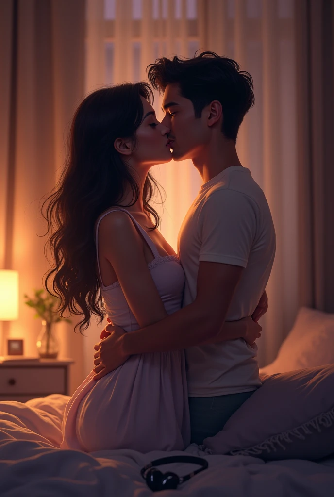 Good night boy friend girl friends bedroom kiss head phone song enjoy