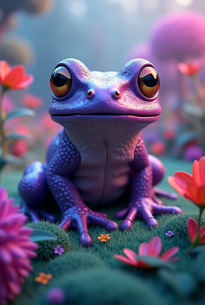 a purple frog sitting on top of a lush green field, psychedelic frog, cyberpunk frog, alien frog, frog, beautiful frog, clown frog king, cute frog, froggy, very detailed toad, frog perspective, portrait of a frog, spotted ultra realistic, frogs, stylized as a 3d render, stylized pbr, stylized 3 d
