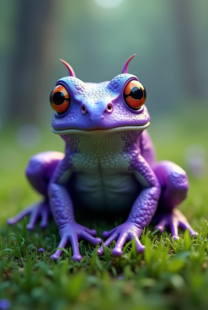 a purple frog sitting on top of a lush green field, psychedelic frog, cyberpunk frog, alien frog, frog, beautiful frog, clown frog king, cute frog, froggy, very detailed toad, frog perspective, portrait of a frog, spotted ultra realistic, frogs, stylized as a 3d render, stylized pbr, stylized 3 d