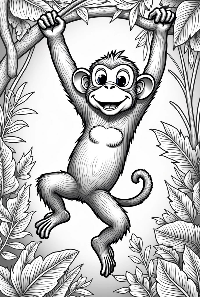 A black and white coloring book page of a monkey hanging from a branch in the jungle