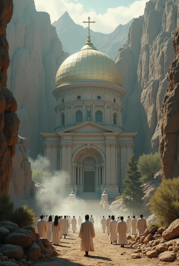 there is a large Ethiopian Orthodox Church building with hemispherical Dom that is built into the side of a mountain, intricate matte painting, matte painting of human mind, digital matte painting, ancient yet futuristic, elaborate matte painting, hyperdetailed 3d matte painting, hyperdetailed 3 d matte painting, extravagant matte painting, epic matte painting, epic cinematic matte painting, matte painting concept art, giant tomb structures,smoke, tree, white cloth wearing people circling the church