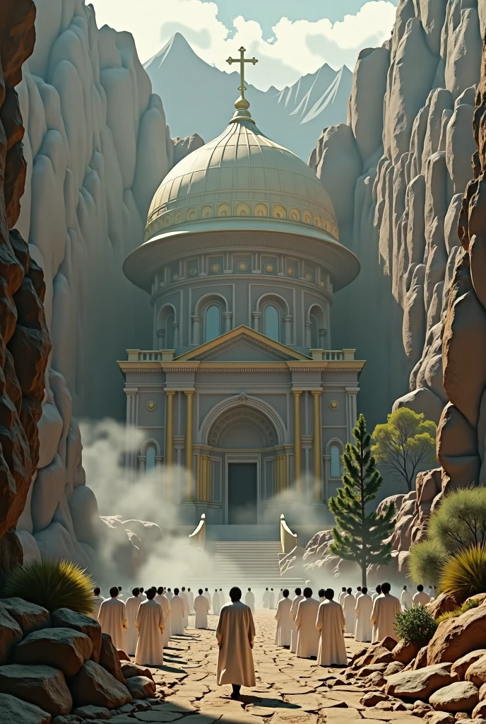 there is a large Ethiopian Orthodox Church building with hemispherical Dom that is built into the side of a mountain, intricate matte painting, matte painting of human mind, digital matte painting, ancient yet futuristic, elaborate matte painting, hyperdetailed 3d matte painting, hyperdetailed 3 d matte painting, extravagant matte painting, epic matte painting, epic cinematic matte painting, matte painting concept art, giant tomb structures,smoke, tree, white cloth wearing people circling the church