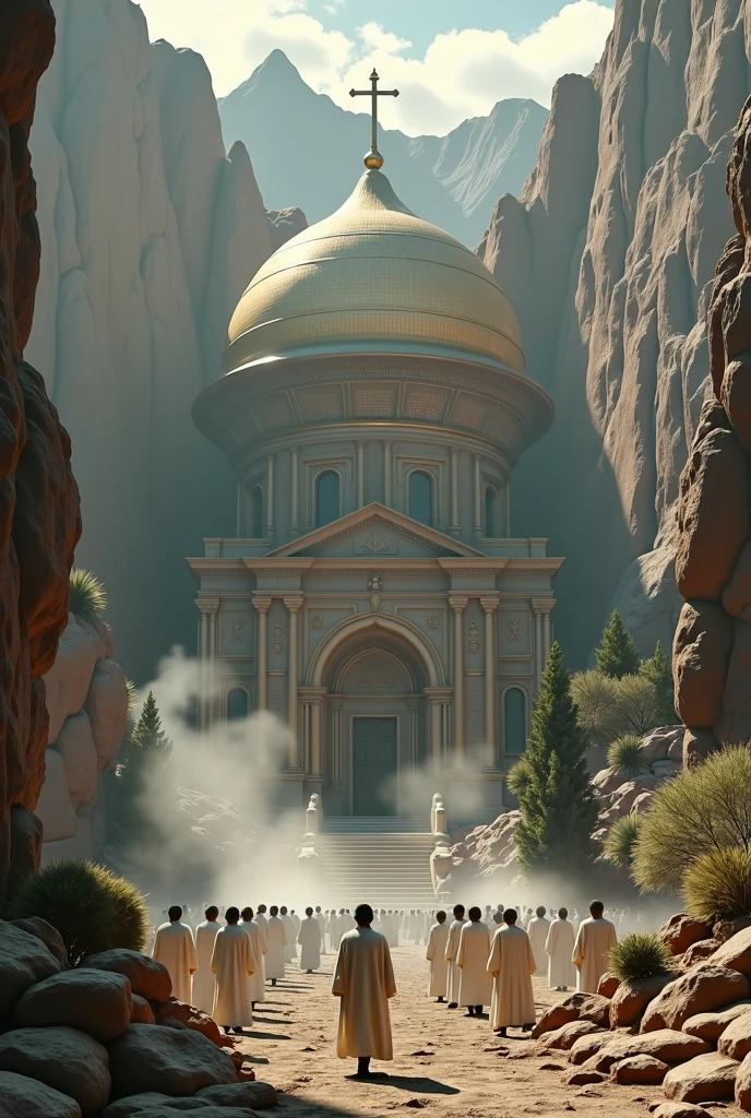 there is a large Ethiopian Orthodox Church building with hemispherical Dom that is built into the side of a mountain, intricate matte painting, matte painting of human mind, digital matte painting, ancient yet futuristic, elaborate matte painting, hyperdetailed 3d matte painting, hyperdetailed 3 d matte painting, extravagant matte painting, epic matte painting, epic cinematic matte painting, matte painting concept art, giant tomb structures,smoke, tree, white cloth wearing people circling the church