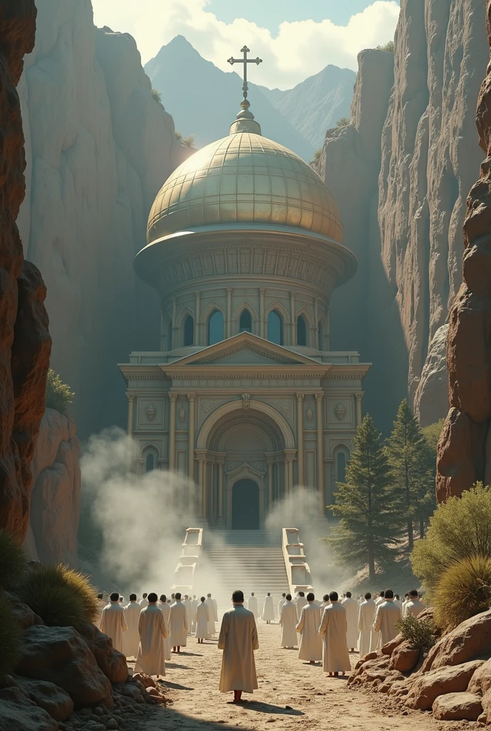 there is a large Ethiopian Orthodox Church building with hemispherical Dom that is built into the side of a mountain, intricate matte painting, matte painting of human mind, digital matte painting, ancient yet futuristic, elaborate matte painting, hyperdetailed 3d matte painting, hyperdetailed 3 d matte painting, extravagant matte painting, epic matte painting, epic cinematic matte painting, matte painting concept art, giant tomb structures,smoke, tree, white cloth wearing people circling the church