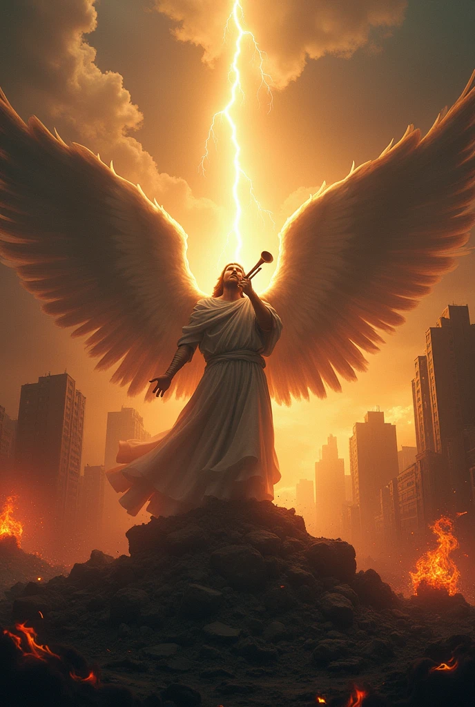 "Create an apocalyptic-themed book cover inspired by the Bible's Book of Revelation, set in modern times. The image should convey an atmosphere of chaos and judgment., with a gloomy sky and heavy clouds. At the center, highlight an angel with a powerful trumpet, symbolizing the beginning of divine judgments, surrounded by lightning and fire In the background, a partially destroyed modern city, with buildings collapsing, fire and smoke, revealing the impending destruction. dark representing the four horsemen of the Apocalypse in the background, with its grasshopper details floating around. The color palette should be dramatic, com tons de vermelho, black and gold, to enhance the sense of catastrophe and ultimate hope.