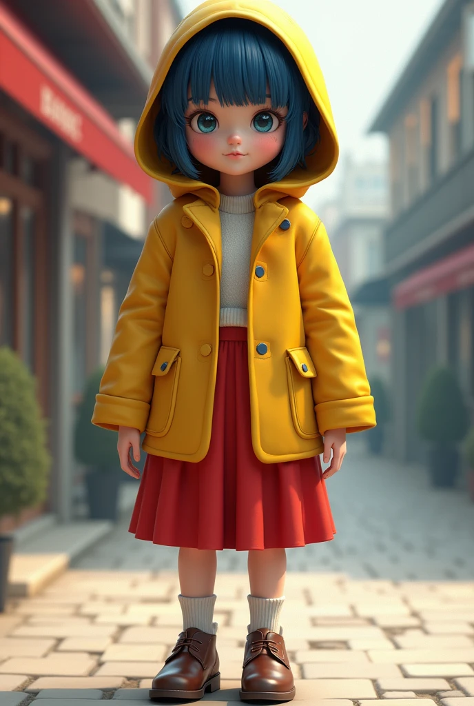 full people,realistic style, 4k, best quality, she, child, blue eyes, rectangular face type, triangle body type, wearing yellow coat with hood backwards and a red skirt above the knee, wearing brown leather women's shoes, dark blue hair with straight bangs and short haircut, realistic, 4k, best quality
