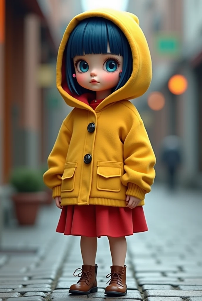 full people,realistic style, 4k, best quality, she, child, blue eyes, rectangular face type, triangle body type, wearing yellow coat with hood backwards and a red skirt above the knee, wearing brown leather women's shoes, dark blue hair with straight bangs and short haircut, realistic, 4k, best quality