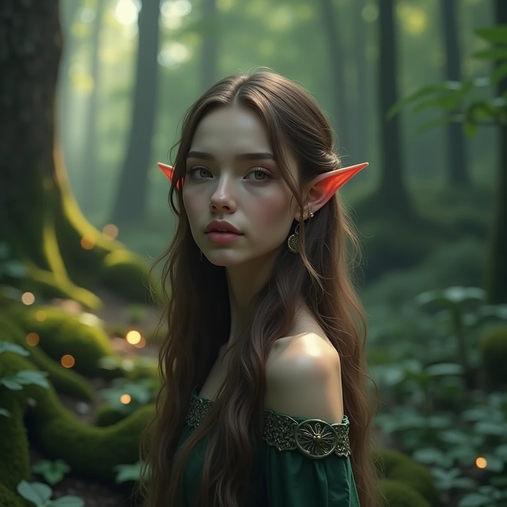 Hyperrealistic art , fantasy, detailed Forrest, thick trees, vines, small fairies, glowing, soft lighting, elves . Extremely high-resolution details, photographic, realism pushed to extreme, fine texture, incredibly lifelike, black eyes