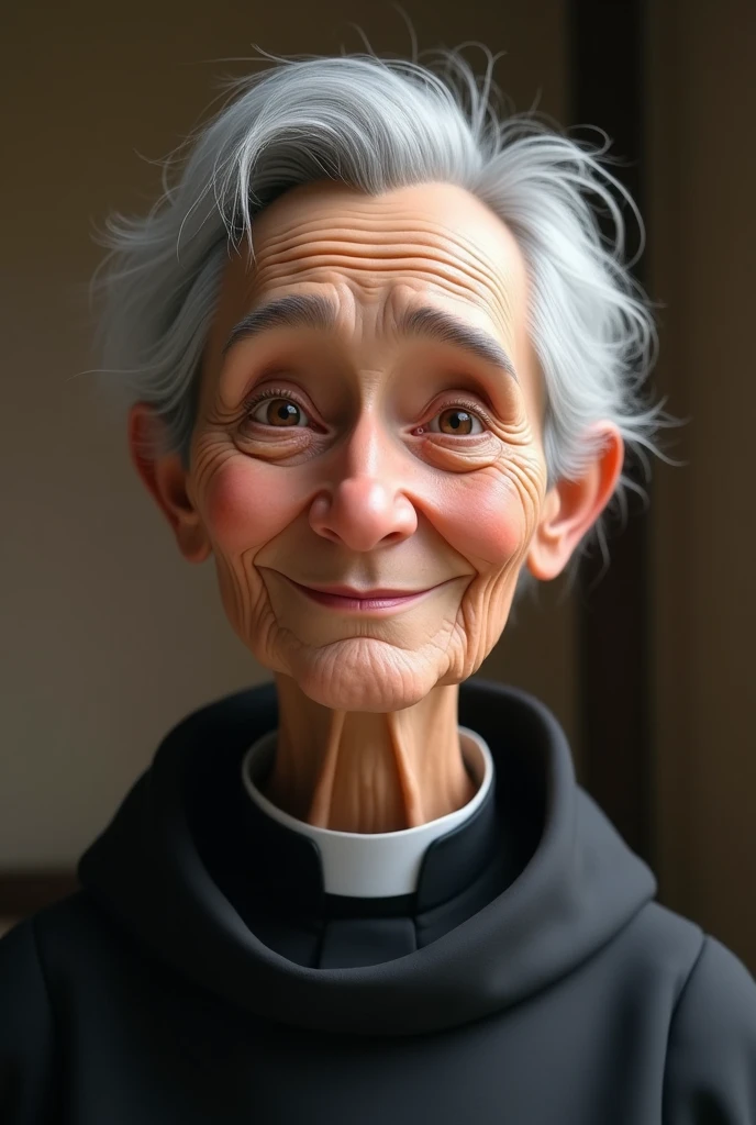 AGE: Around 70 to 80 years old.
face: oval, with a serene and kind expression. She has fair skin that shows signs of aging., like soft wrinkles around the eyes. His face reflects wisdom and compassion.
hair: Gray-haired and thin, with some bald spots visible on top. His hair is short and combed back., in an orderly manner.
eyes: Small and deep, with a calm gaze.
eyebrows: Gray and thin, slightly arched.
nose: Straight and medium sized, well proportioned with the rest of her face.
boca: Thin-lipped, with a kind and reassuring smile. The lips show some lines that indicate their experience and age..
voice: Facial expression should convey warmth and serenity.
outfit: He wears a black cassock, traditional of the priests, with a visible white collar. The cassock is simple and unadorned., reflecting his humility and dedication.
bottom: A neutral or slightly blurred background that suggests a church setting or a community-related scene, like a humble neighborhood, to contextualize their social work.
