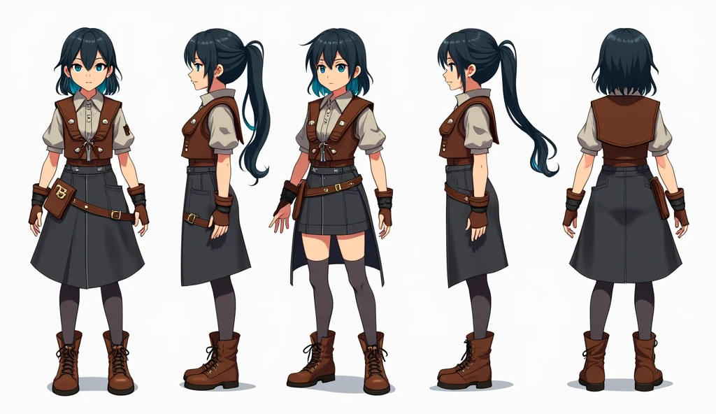 Anime girl 1 girl, black hair. blue eyes Freya wears an adventurer's outfit that mixes functionality with a touch of elegance. She wears a tight, dark brown leather blouse designed to protect her torso and provide freedom of movement. Over her blouse, she wears a reinforced leather vest, which has small metal plates embedded for greater protection on her chest and back. The lower part of the costume is a resistant, dark gray leather skirt that reaches her knees. and has a split design to allow for better mobility. The skirt is fitted with leather bands and has internal pockets for carrying small items.Freya's boots are made from robust leather, with non-slip soles and reinforcements around the ankles and heels, offering support and durability. Completing the look is a lightweight travel cover, which can be removed when needed, and a belt with multiple pouches to carry essential gear. Full body