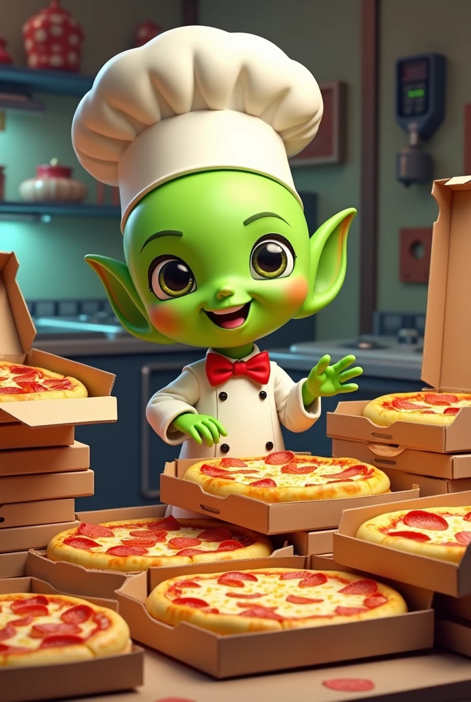 Cute green Martian chef with bottomless Jimmy's boxed pizza