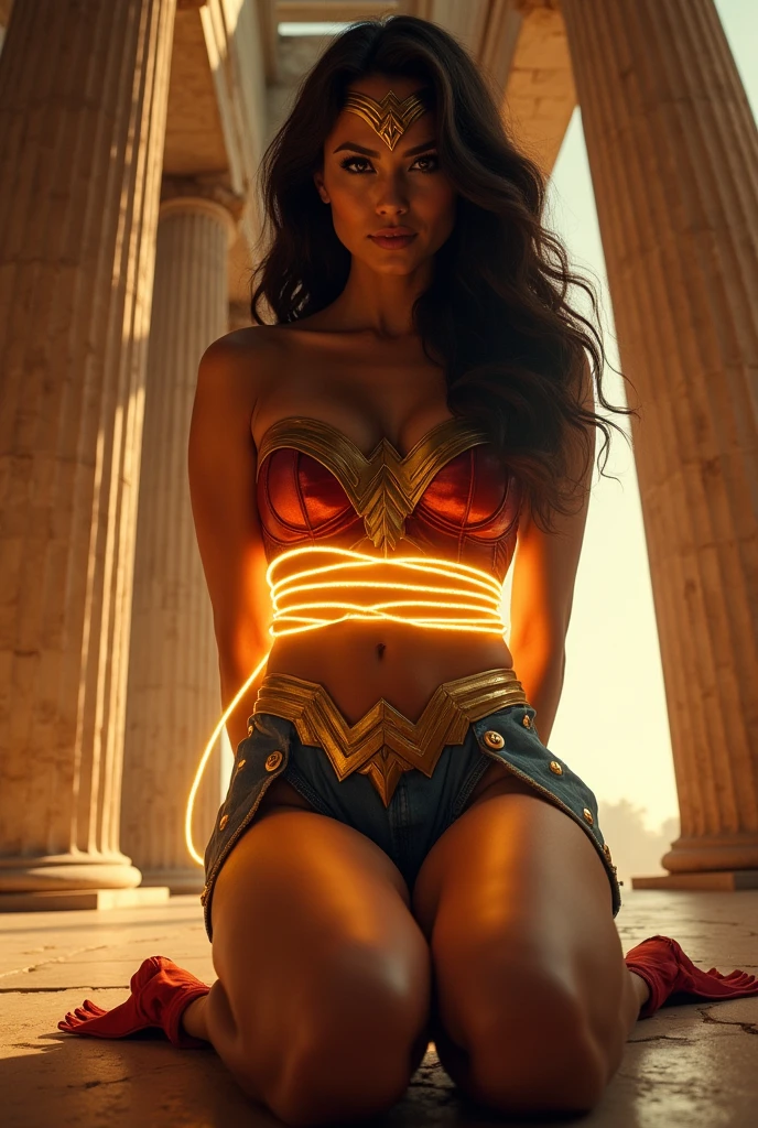 View from behind, view from rear, show her ass, Wonder woman kneeling ties up naked with her golden lasso, the lasso is glowing a golden yellow, hands bound behind her back, she is bound, very low angle, fish eye lens, close up on face, beautiful, stunning, perfect eyes, glamour makeup, seductive, perky breasts, Ancient Greece, temple, cleavage, round ass,