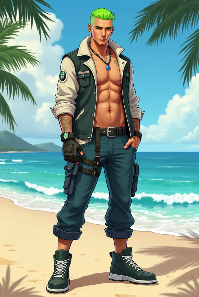 Gekko from Valorant, beach, full body, 6’4, size 14 feet, green hair, Mexican American, from the game Valorant, less muscle, lean build, abs, 1, buzz cut, Valorant game