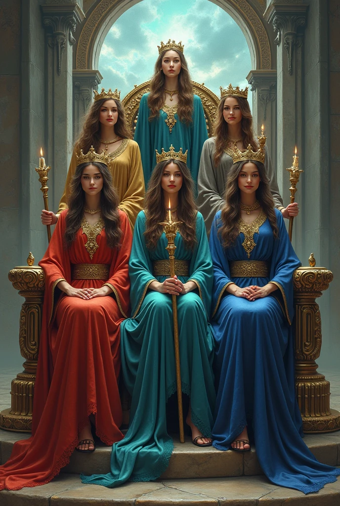 5 women dressed as witches, with a long tunic of different colors, the tunic covers their hair, with a setro in their hand, with their crown on their head, perched on a beautiful throne, behind her there is an open portal to another dimension .