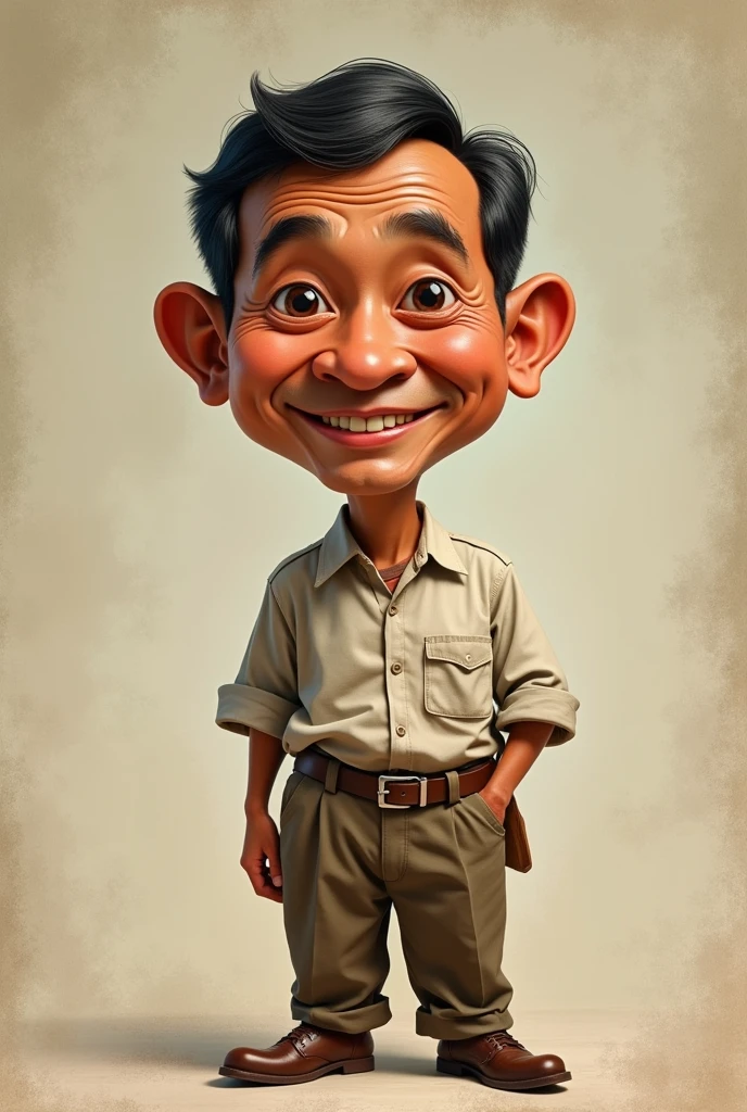 make ,a realistic full body shot,exagerrated ,caricature ,of indonesian man, with nice smile,This masterpiece captures the essence of the era, radiating nostalgia and vintage charm.,simple background.high detail