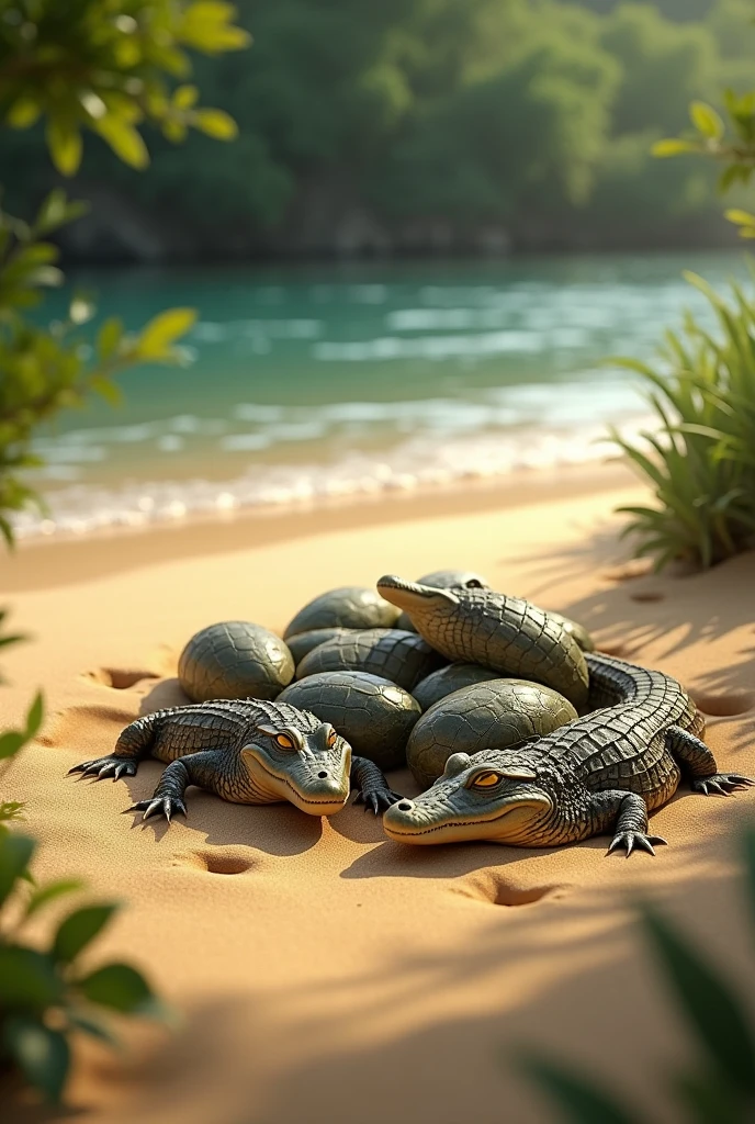 Crocodile eggs with babies in the sand