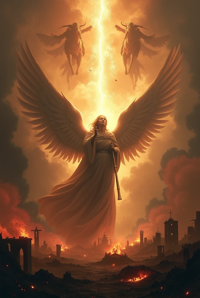 "Create an apocalyptic-themed book cover inspired by the Bible's Book of Revelation, set in modern times. The image should convey an atmosphere of chaos and judgment., with a gloomy sky and heavy clouds. At the center, highlight an angel with a powerful trumpet, symbolizing the beginning of divine judgments, surrounded by lightning and fire In the background, a partially destroyed modern city, with buildings collapsing, fire and smoke, revealing the impending destruction. dark representing the four horsemen of the Apocalypse in the background, with its grasshopper details floating around. The color palette should be dramatic, com tons de vermelho, black and gold, to enhance the sense of catastrophe and ultimate hope.
