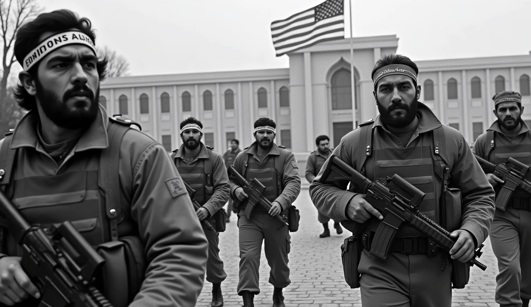 An old photograph depicting the moment Iranian revolutionary guards entered the U.S. Embassy in Tehran during the hostage crisis. The guards, wearing military fatigues and headbands with revolutionary slogans, are captured forcefully entering the embassy grounds. The building is detailed with the American flag being lowered in the background. The grainy, slightly faded image reflects the tension and gravity of the event, captured with the cameras of the time.
